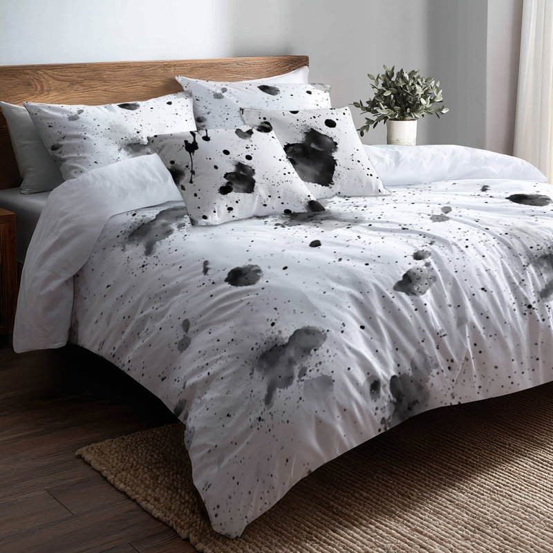 Ensemble de literie abstraite 5 pièces - Ensemble de housse de couette et de coussins modernes à encre noire et blanche