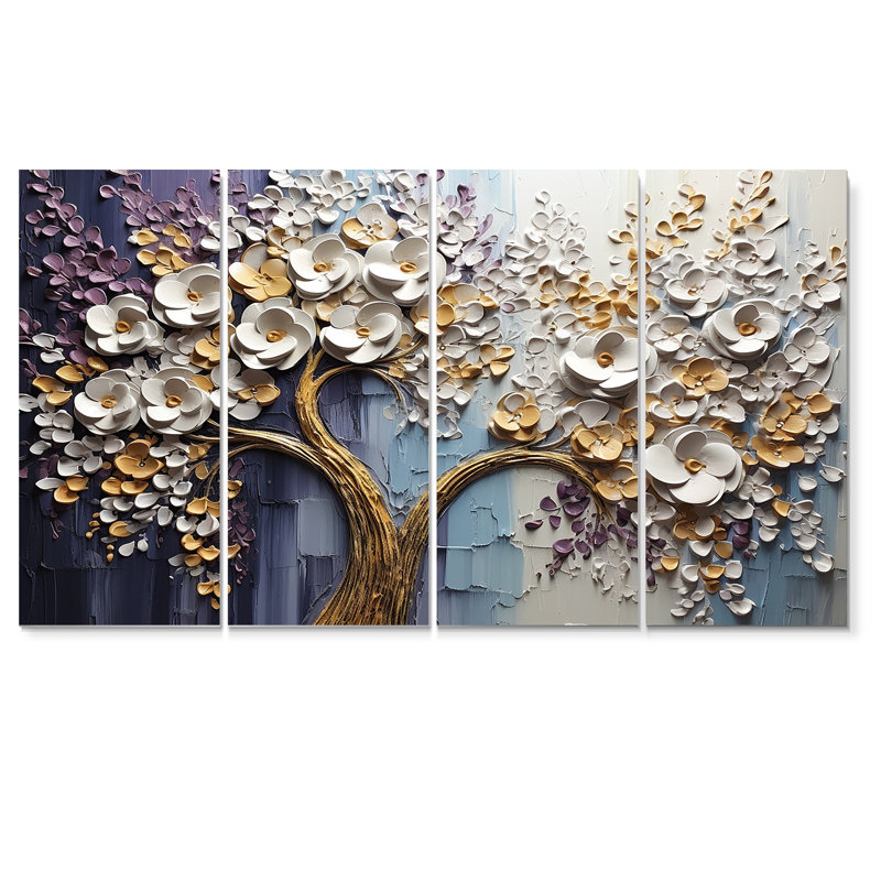 Arbre en fleurs avec fleurs blanches II - ensemble d'art mural floral 4 pièces, H 28 po x l 48 po