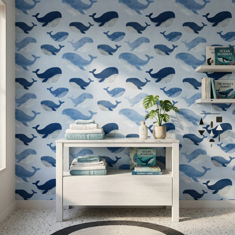 Papier peint double avec bord de mer amovible Whales, Peel and Stick