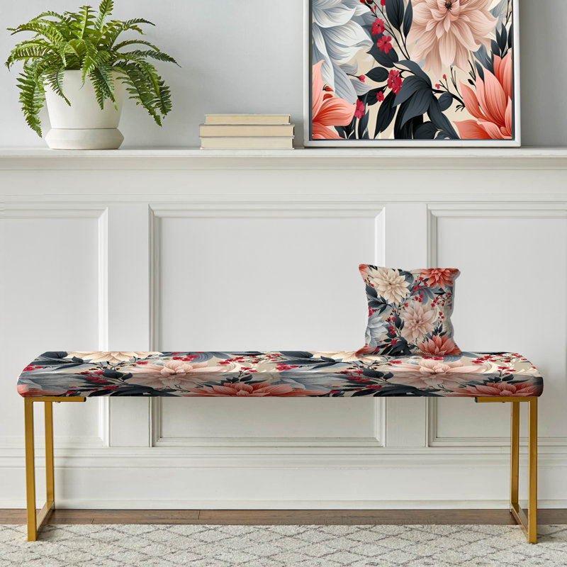 Pink And Blue Floral Geometry Serenade Melody - Floral Upholstered Gold Bench