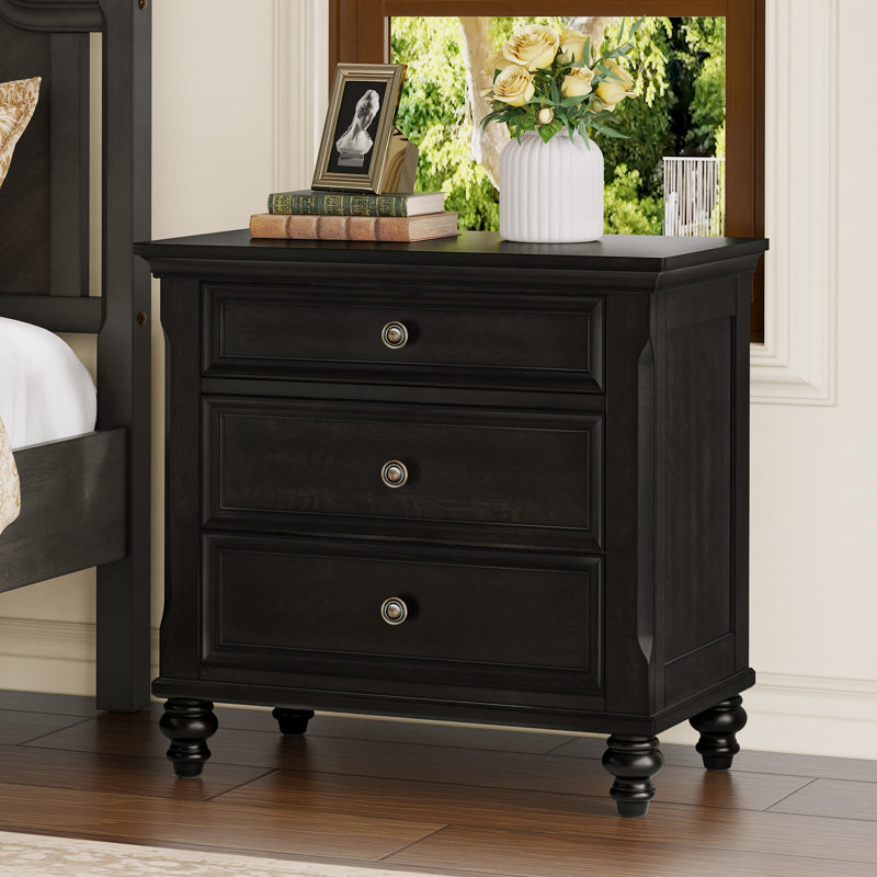 Mid-Century Modern Solid Wood Nightstand 3-Drawers, Vintage Black