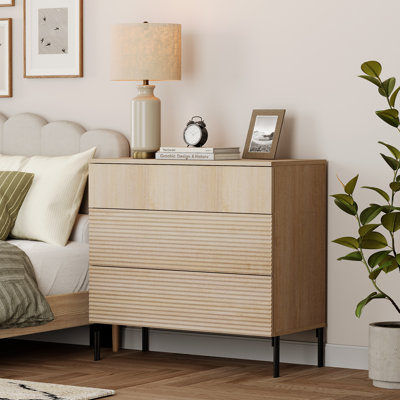 Union Rustic Modern Minimalist Wood Nightstand With 3 Drawers ,31.5" Large End Table,Reeded Design Bedside Table For Bedroom, Living Room,Entryway