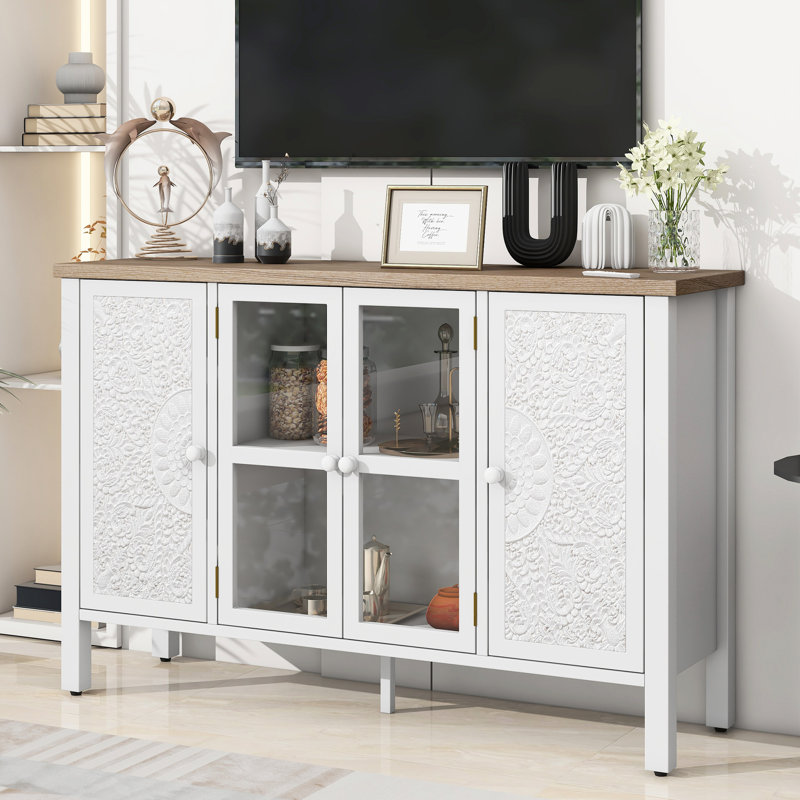 Meuble télé 47,2 po American Retro, ajustement de 43 po, 3 armoires, portes d'armoire en verre, touche moderne classique pour téléviseur, structure stable, salon indispensable