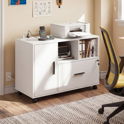 Cambrie 36.6'' Wide Mobile Wood File Cabinet with Shelves and Charging Station, Locking Filing Cabinet, Home Office Filing Cabinets, Full-Extension Filing Drawer & 360° Lockable Casters – Fits Letter/A4