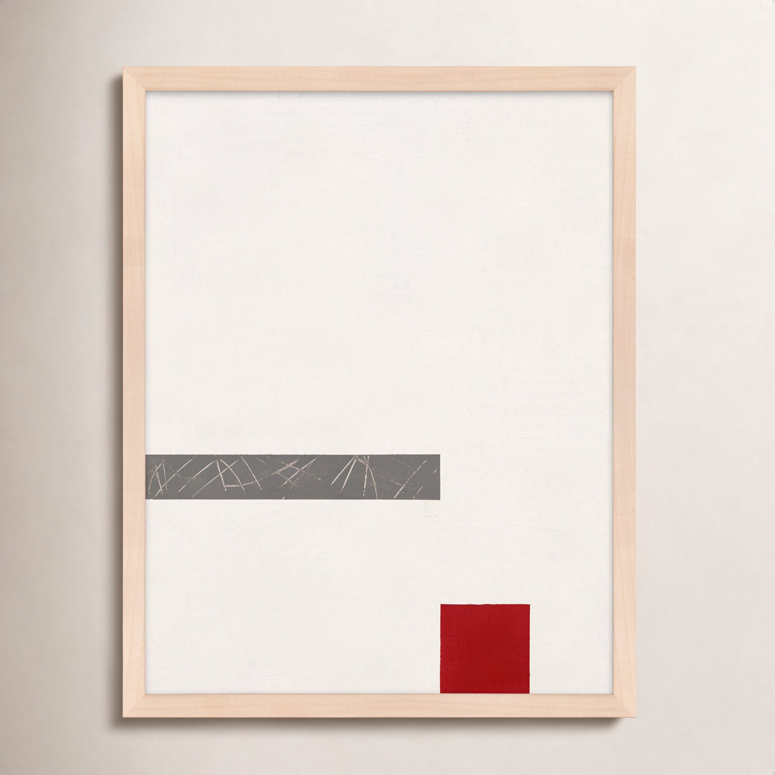 Tempo With Red 3 by Robert Kamnatnik, 30" H x 24" W x 1.25" D, Maple Framed Paper