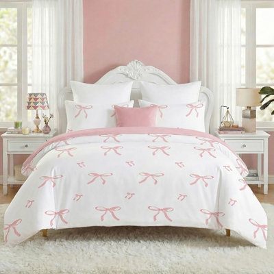 Pink Bow Duvet Cover Queen Size, 100% Cotton Duvet Cover Set with Zipper Closure & 8 Corner Ties, Soft Breathable Coquette Ribbon Bedding Set for All Seasons