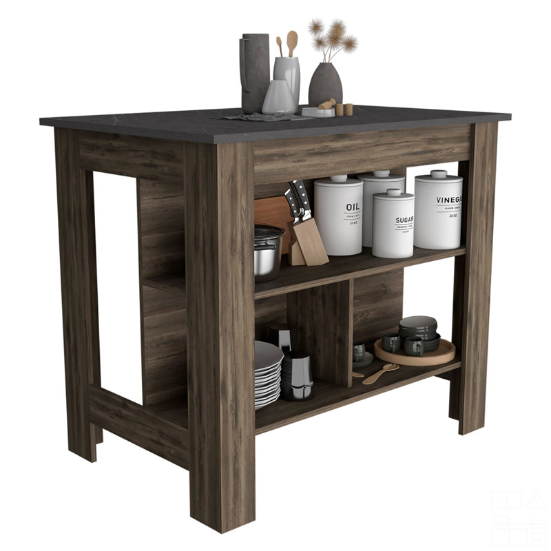 Kitchen Island, Kitchen Table 35" H, Four Legs, Three Open Storage Shelves, Brown Oak/Black