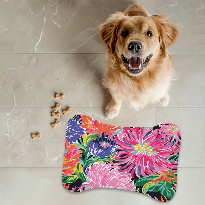 Tapis d'alimentation en forme d'os 1 pièce Bright Blooms on Black