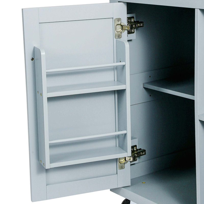 Îlot de cuisine avec comptoir rabattable, 5 roulettes, armoire de rangement, tablettes ouvertes et 3 tiroirs, Bleu