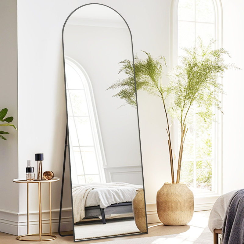 Kadeshia Aluminum Alloy Framed Arched Full Length Mirror with Stand, 58" x 18", Black