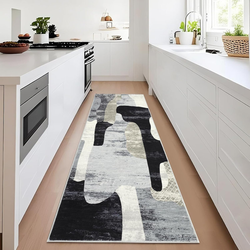 Rectangle Abstract Washable Area Rug, Gray, Runner 60 x 230 cm