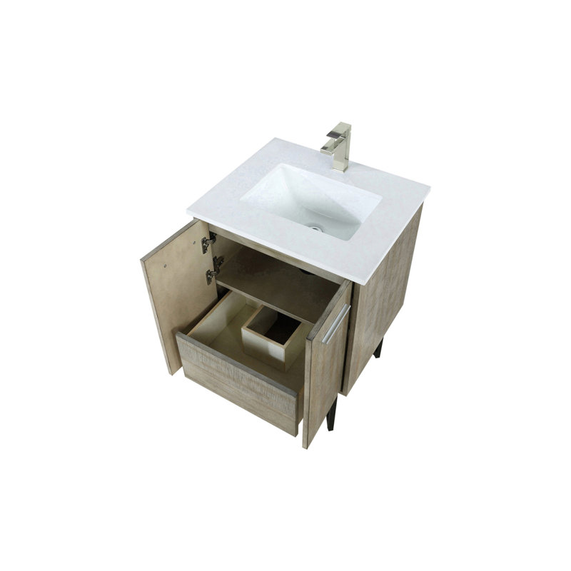 Meuble-lavabo rustique en acacia 24 po X P 20 po D, dessus en quartz blanc et robinet en nickel brossé, Nickel brossé
