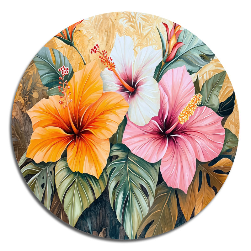 Hibiscus, Heliconia, Hawaï, art mural rond tropical, Island Botanicals, H 16 po x l 16 po