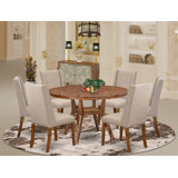 E496581798A24F82AC90CEF4560DF140 - 7-Pc Modern Dining Set - A Table and 6 Light Tan Linen Fabric Chair, Antique Walnut