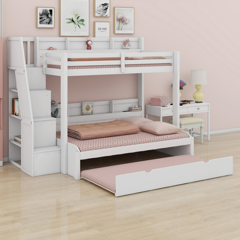 Lit superposé peu encombrant avec escalier de rangement avec éclairage USB et lit gigogne, Blanc