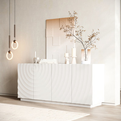 Rangement moderne à 4 portes en bois de pin blanc, largeur 59 po, conception sculpturale 3D, pour buffet de salle à manger, porte, bois, eau, autoportant
