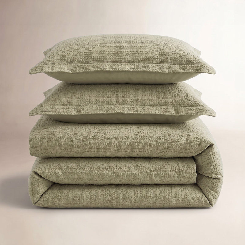 Clemence 100% Cotton Honeycomb Waffle Textured Duvet Cover with Pillow Shams, Eucalyptus Green, Full / Queen Duvet + 2 Shams