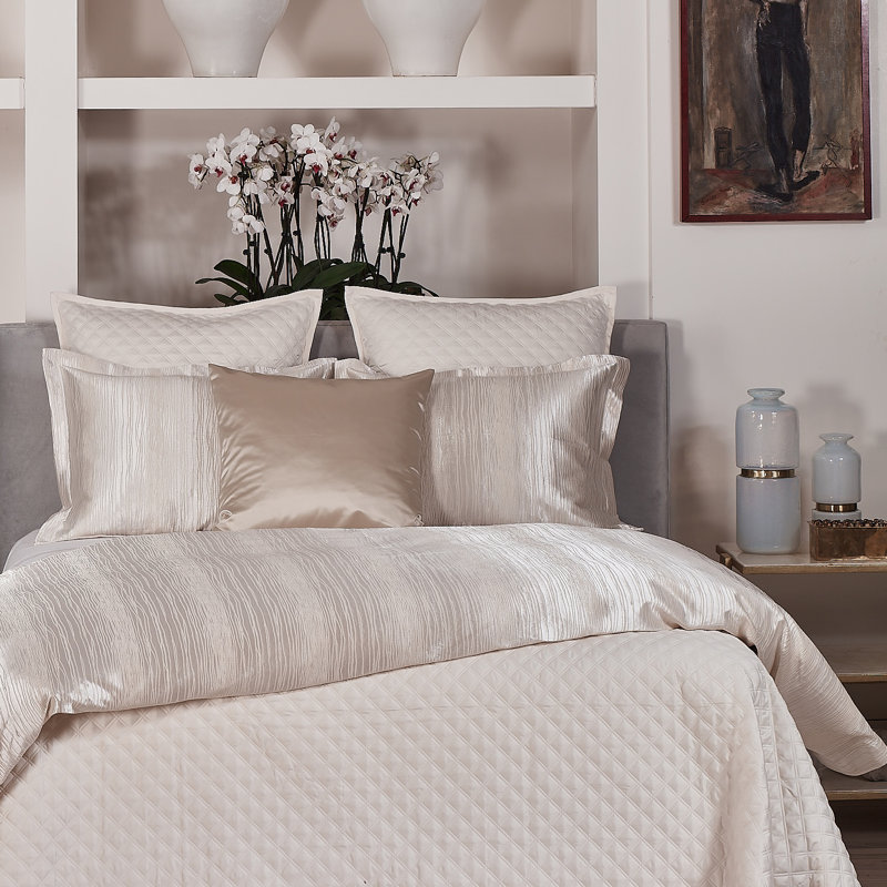 Double Diamond Modern & Contemporary Polyester Quilted Geometric Shapes Coverlet, Queen Coverlet + 2 Euro Shams, Ivory