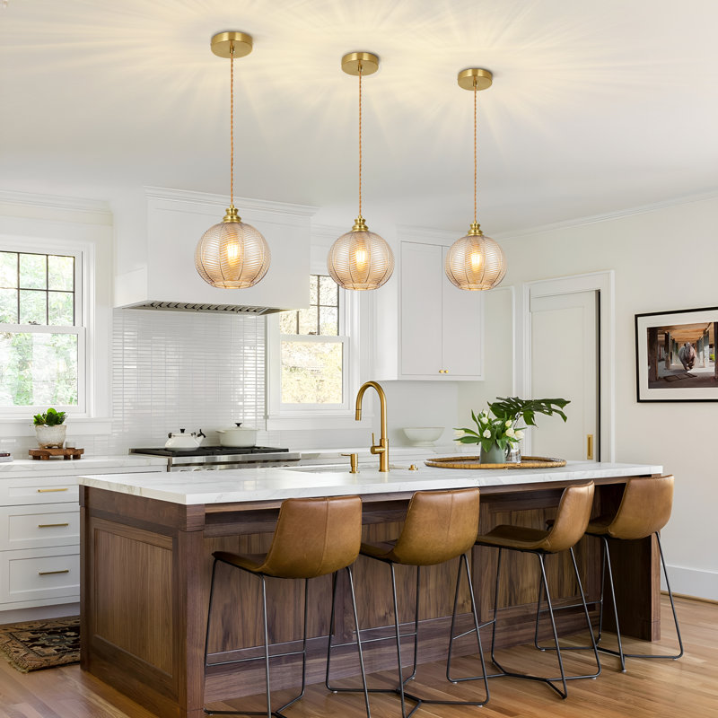  1-Light Pendant Light with Globe Leaf Ribbed Glass Shade for Kitchen Island, Amber