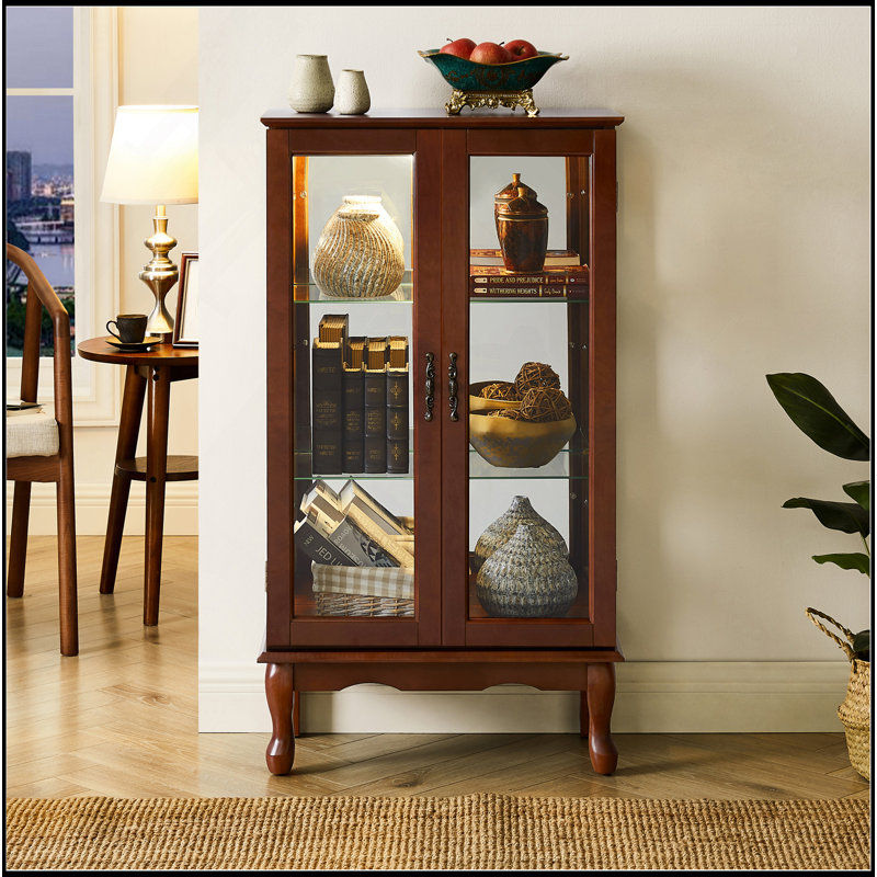 Vitrine lumineuse avec tablettes réglables et panneau arrière en miroir pour exposer des objets de collection