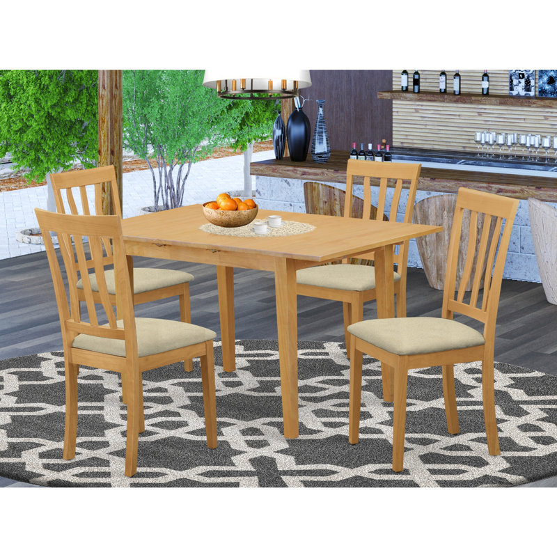 Ensemble de salle à manger moderne de 5 pièces comprenant une table rectangulaire en bois avec rallonge papillon et 4 chaises de salle à manger en lin, 81 x 137 cm, chêne