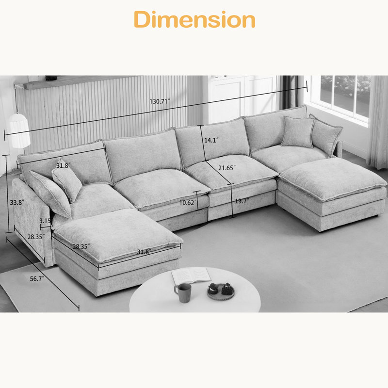 Canapé modulaire modulaire, ensemble de canapé en U en forme de U de 130,7 po pour le salon, canapé à 4 places confortable avec repose-pieds mobile, combinaison de bricolage, chenille