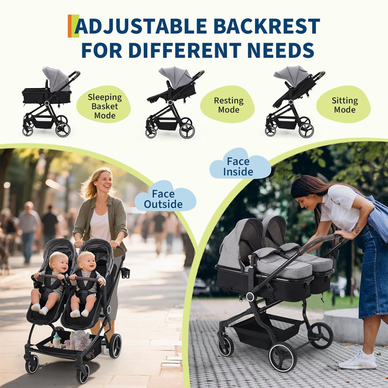 Double poussette légère côte à côte pour les jumeaux, poussette de voyage compacte pliable pour bébé avec auvent réglable et sièges inclinables, noir