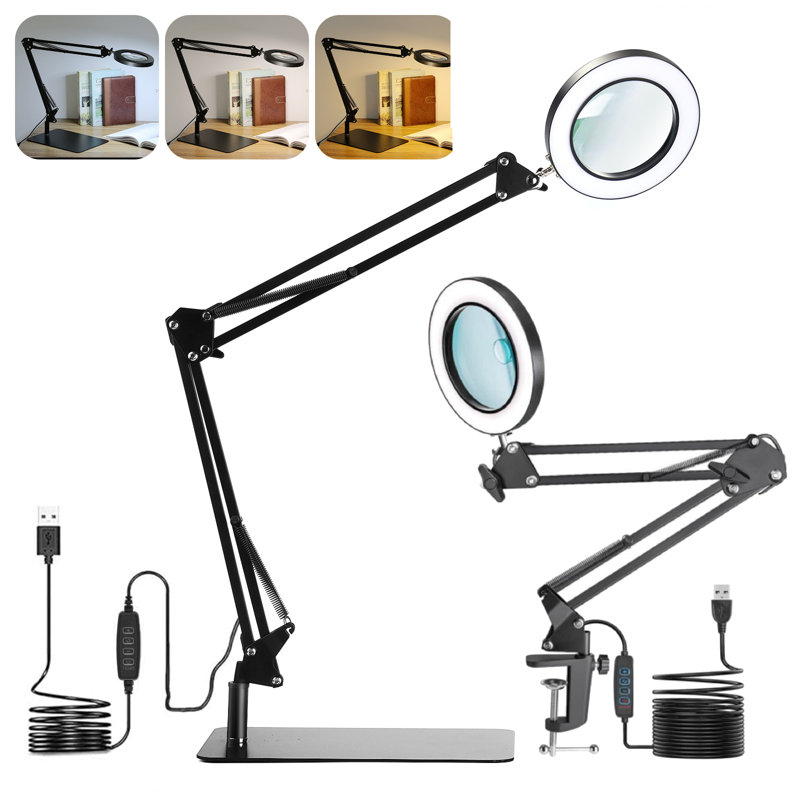 Desk Lamp with Flat Base & Clamp & 10X Magnifying Glass, Adjustable Height Table Light