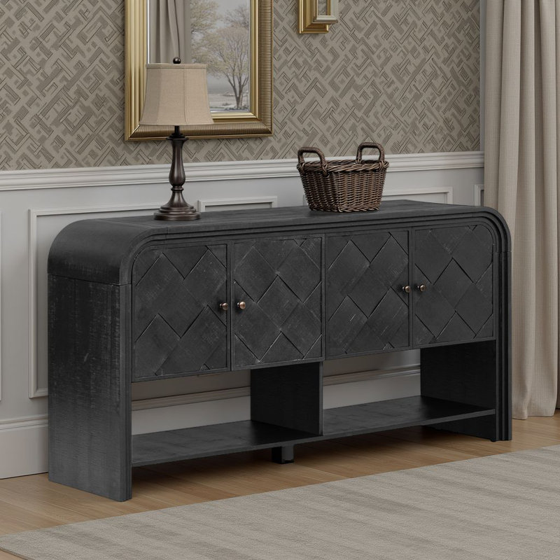 Elegant Woven Wood Console Table – Versatile Storage Solution with Solid Wood Veneer & Step Design, Black