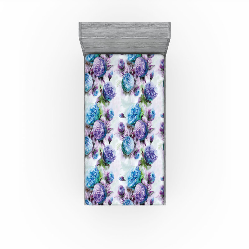 Drap-housse Ambesonne, Drap-housse de taille simple, Bleu ciel foncé, lilas pâle / floral