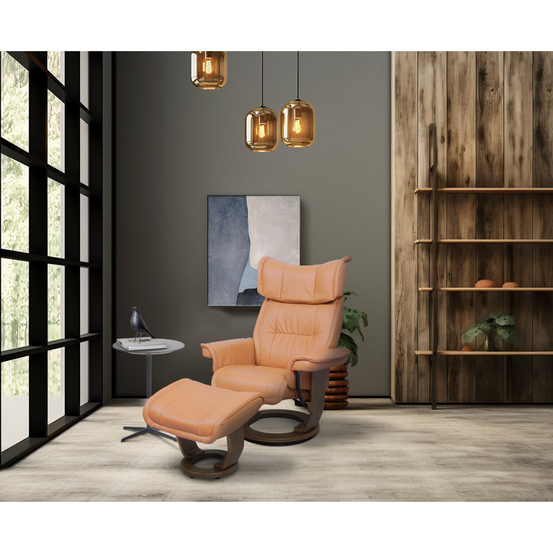 Adrihanna 33.8" Wide Genuine Leather Manual Recliner with Ottoman 360° Swivel, Adjustable Headrest