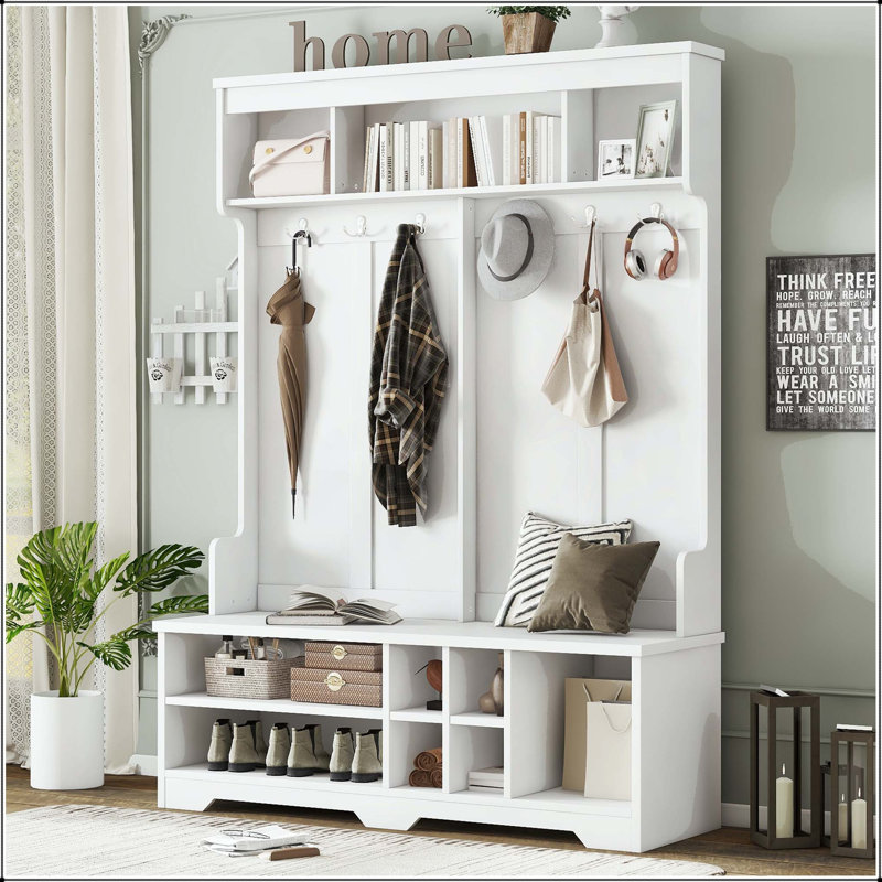 77.3" Modern Hallway Hall Tree with 6 Hooks & Shoe Cubbies, White