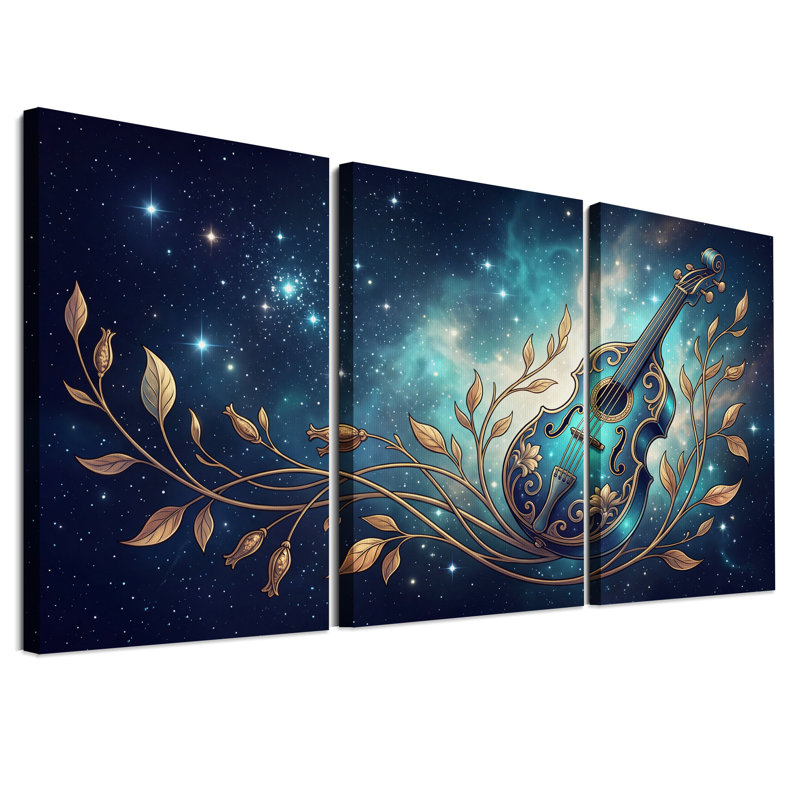 Ensemble de 3 toiles murales représentant un violon bleu et des lianes dorées sous un ciel étoilé, 36"H x 24"W x 3pcs