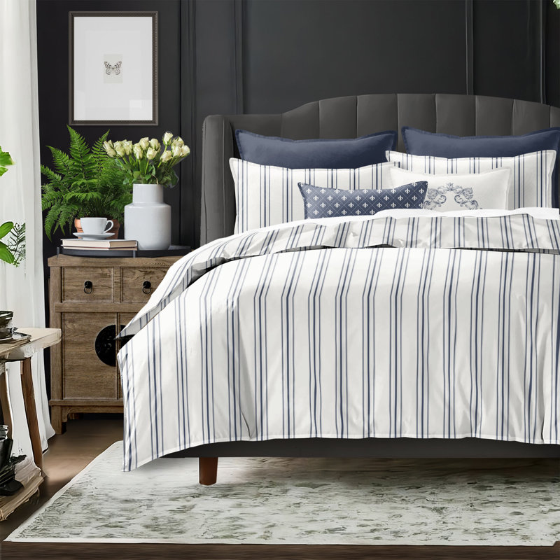 August Stripe Reversible Cotton Duvet Cover Set, Denim, Super King Duvet Cover + 2 King Shams