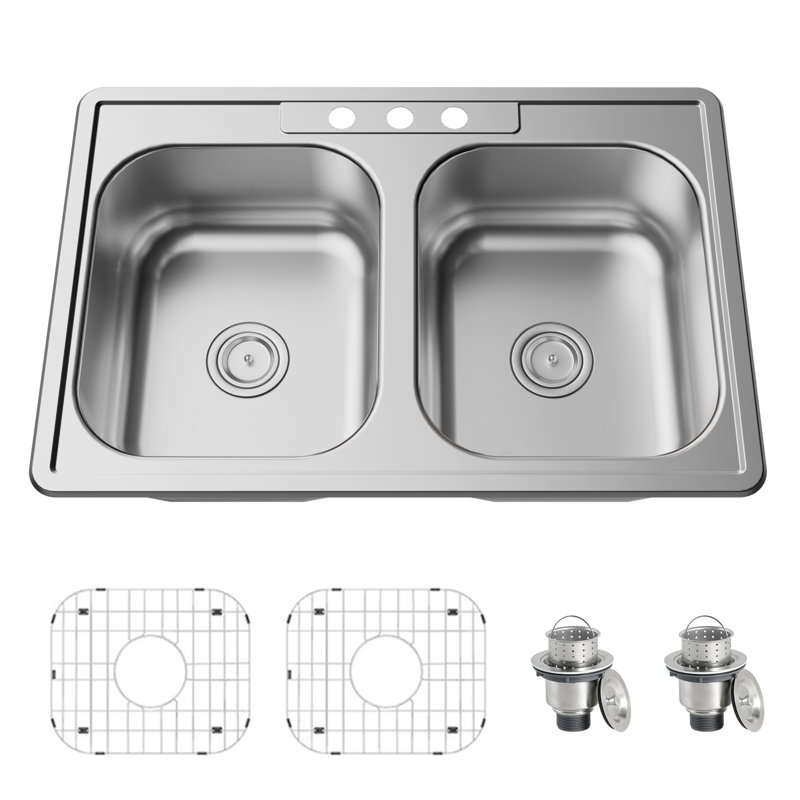 KDK HOME 33" x 22" Drop In Kitchen Sink 50/50 Double Bowl Sink with Bottom Grid & Basket Strainer