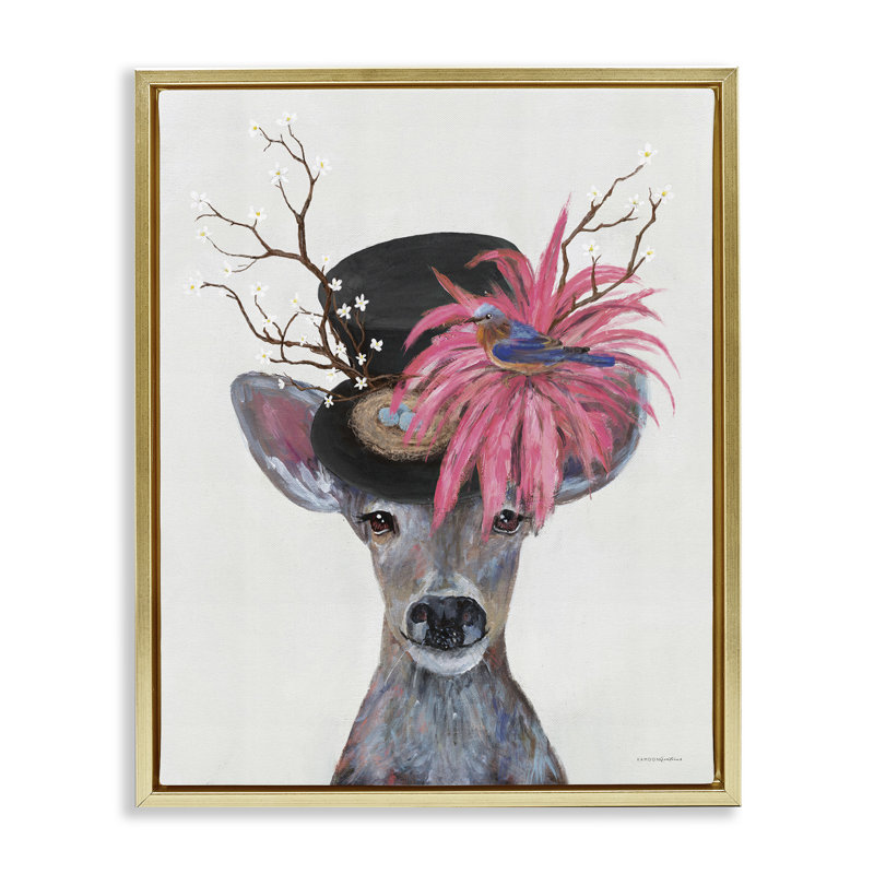 Art mural sur toile, "Deer with Vintage Hat" par Kamdon Kreations, Cadre flottant métallique doré