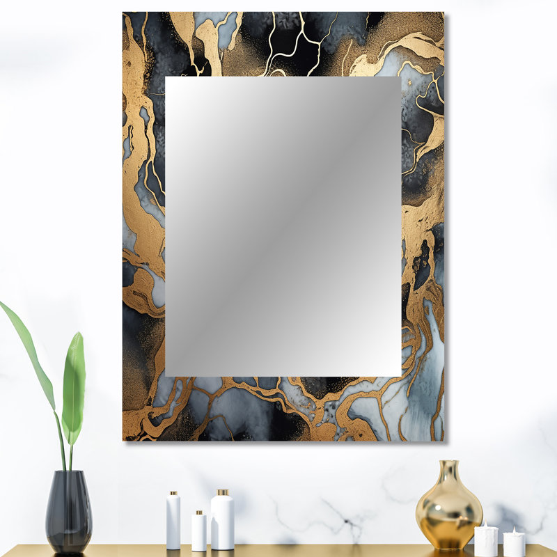 Or et marbre gris scintillant galaxies III - miroir mural décoratif fractal, miroir moderne, impression d'art en métal