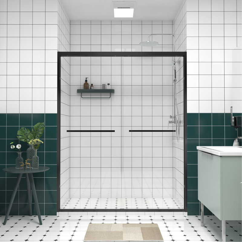 56-60"X74" Aluminum Frame Double Sliding Shower Door,Bypass Bathroom Sliding Door With Premium 1/4" (6Mm) Clear Tempered Glass, Black Hardware Sliding Glass Shower Enclosure