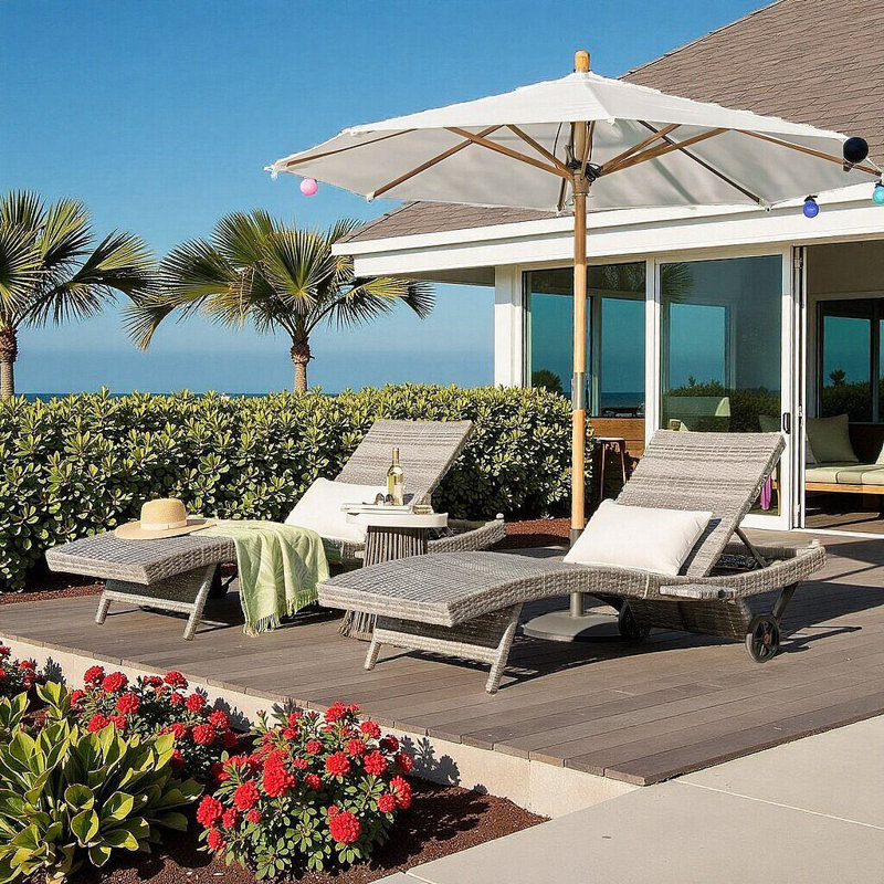 2‑Set Outdoor Chaise Lounge with Pull‑Out Side Table & 5‑Position Adjustable Backrest, Gray
