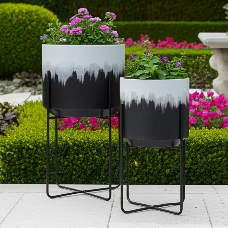 Pot à fleurs d'extérieur moderne avec supports en métal pour décoration intérieure - Pots de fleurs d'intérieur modernes pour le salon ou le patio - Noir et blanc