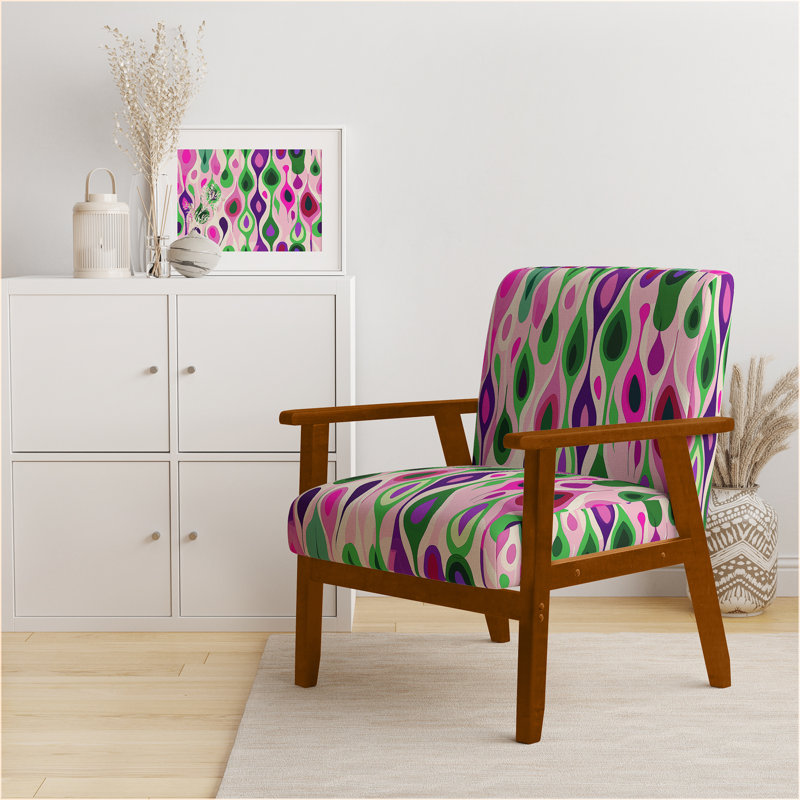 Retro Abstract Drops XI - Velvet Upholstered Midcentury Arm Chair, Midcentury Accent Chair, Pink/Green Polyester