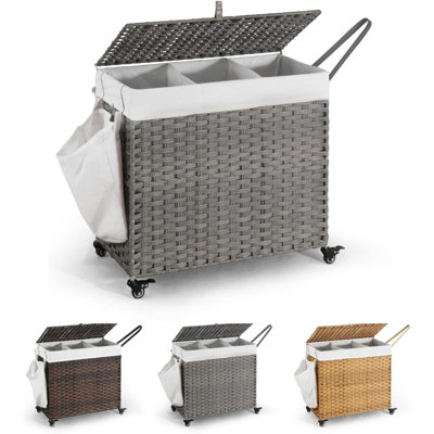 CAPHAUS Rattan Laundry Basket with Wheels, 140L-160L Capacity, Removable Liner Bags, 3colors