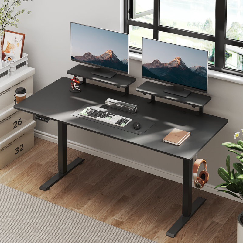 Height Adjustable Standing Desk With Monitor Stand and 2 Adjustable Monitor Shelves, Black, 46" H x 63" W x 24" D