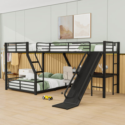 L-Shaped Metal Bunk Bed With Twin Loft Bed, Desk, Slide And Integrated USB Ports