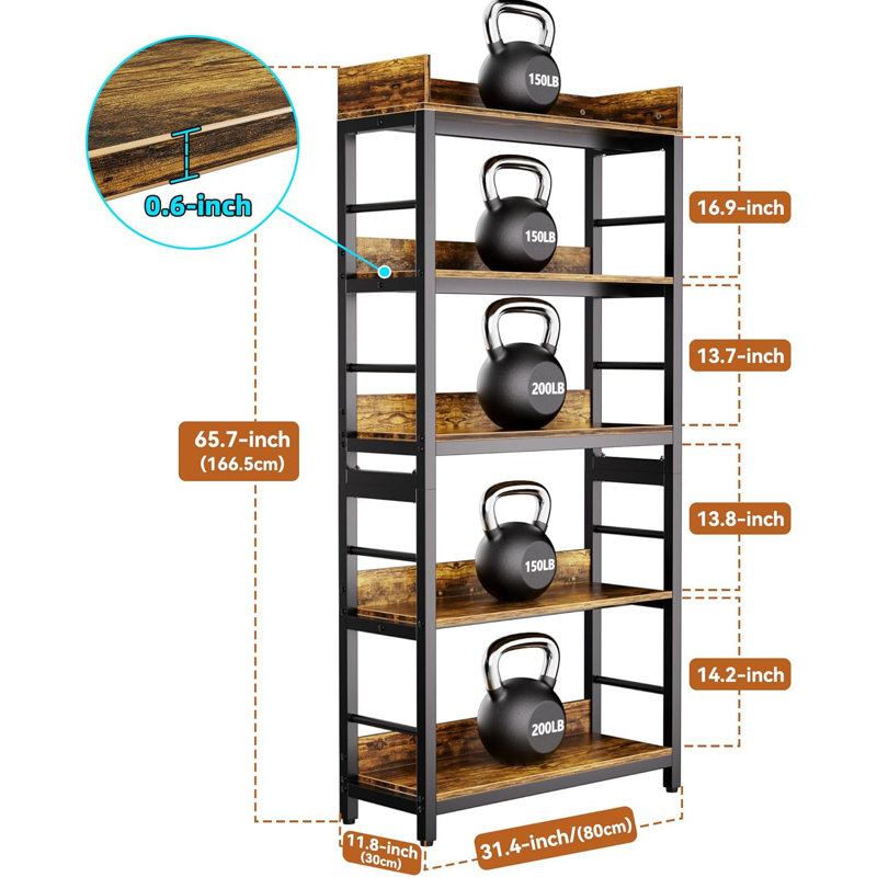 Heavy Duty Industrial Bookshelf 5-Tier Tall Shelf With Wood & Metal Construction For Home Office Living Room