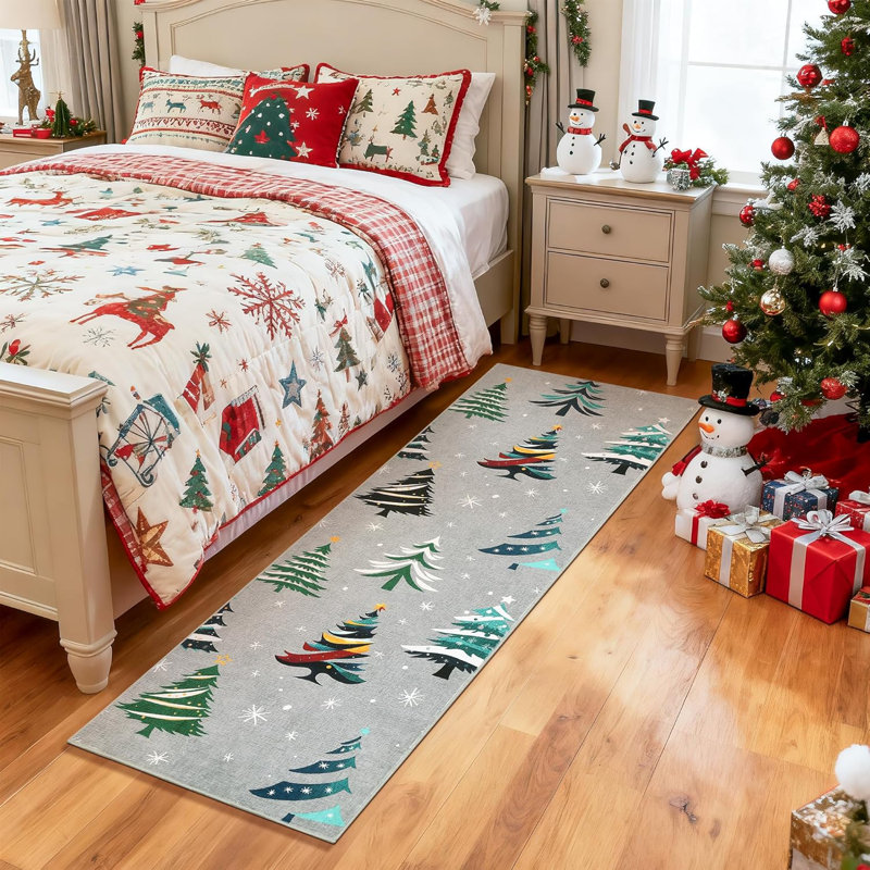 Runner Rug, Washable Rug for Home Decor, Indoor Non Slip Carpet, Soft Low Pile Christmas Rugs with Xmas Tree Motif for Kitchen, Entryway, Living Room, Bedroom