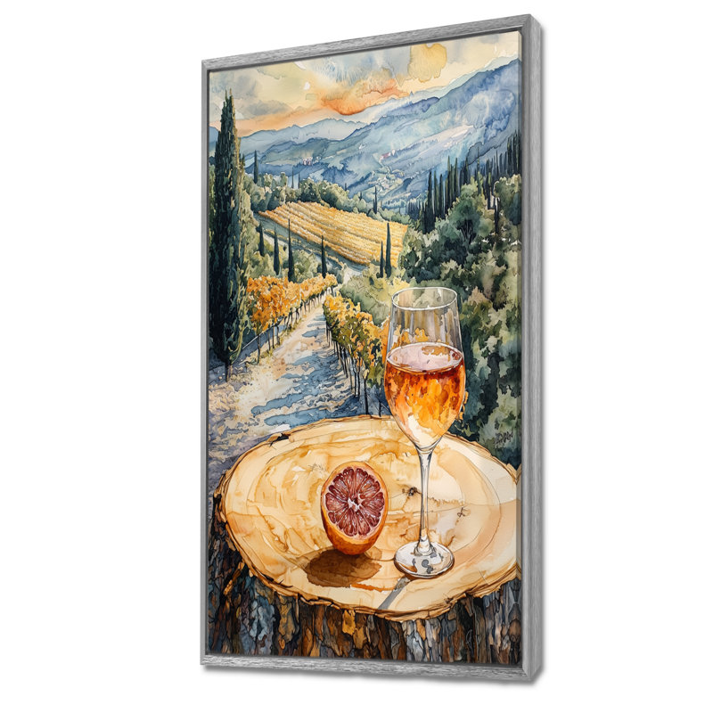 Gillyard pamplemousse avec verre de vin dans un vignoble - art mural Vineyard, H 60 po x l 28 po, Argent argent