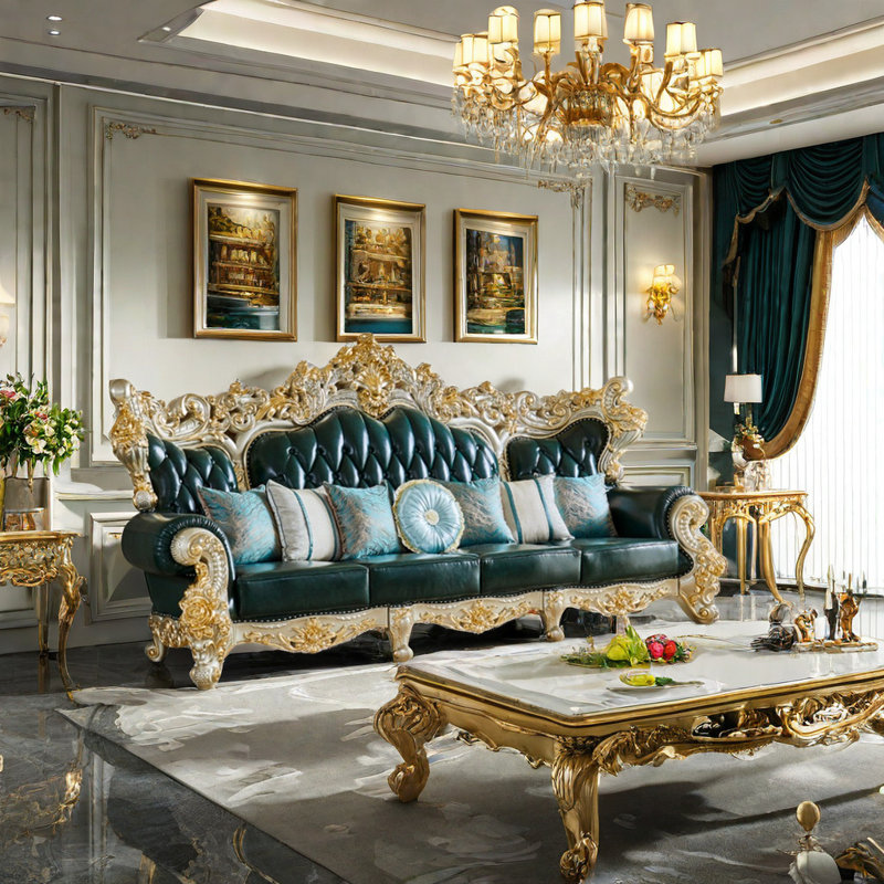 Solid Wood Carved Sofa 128'' Leather Sofa
