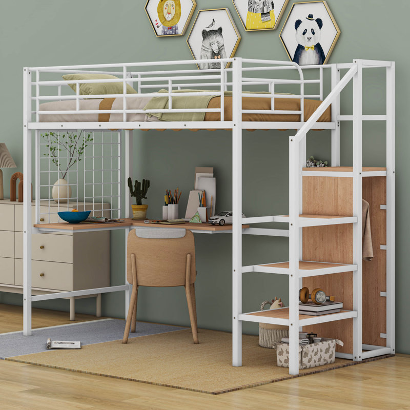  Metal Loft Bed With Desk,Metal Grid, Lateral Storage Ladder And Wardrobe, Twin, White