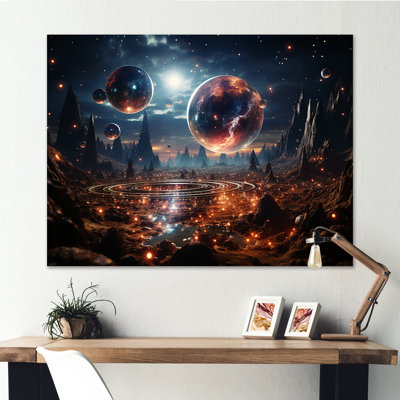 Orange et noir, 3 lunes, paysage II - espace, art mural
